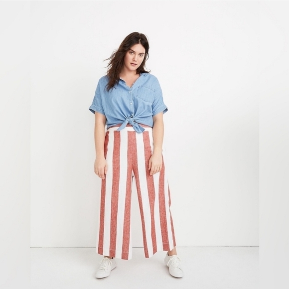 Madewell Red White Huston Pull-On Crop Pants In Bold Stripe Medium Linen Cotton - Picture 1 of 11